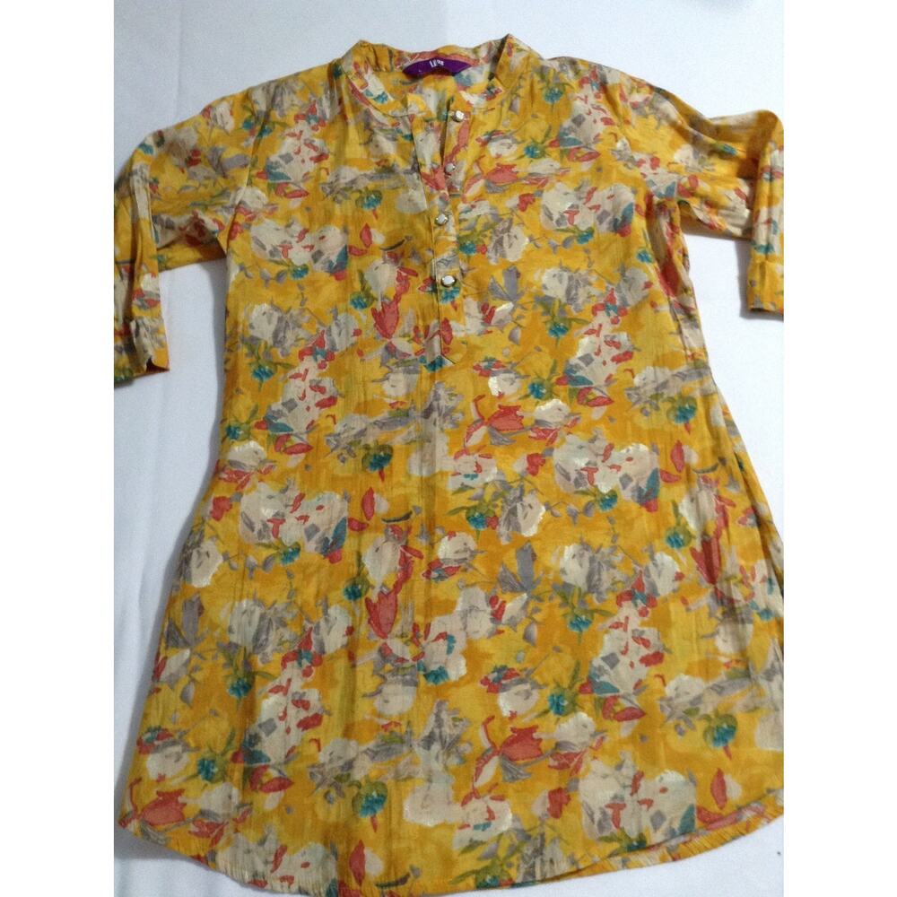 Libas Yellow Floral Tunic Top L Cotton Blend Kurti Kurta 3/4 Sleeve Indian Boho - Picture 2 of 8